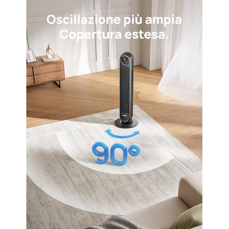Dreo Ventilatore a torre silenzioso, 20 dB, distanza di lancio, 10 m, 4 velocità, 4 modalità, timer 8 ore, ventilatore oscillante a 90° con telecomando di raffreddamento per camera da letto, Nomad One - Nero