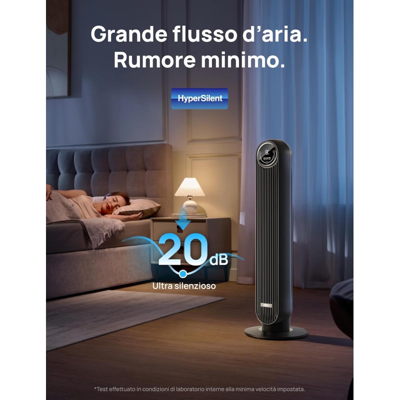 Dreo Ventilatore a torre silenzioso, 20 dB, distanza di lancio, 10 m, 4 velocità, 4 modalità, timer 8 ore, ventilatore oscillante a 90° con telecomando di raffreddamento per camera da letto, Nomad One - Nero