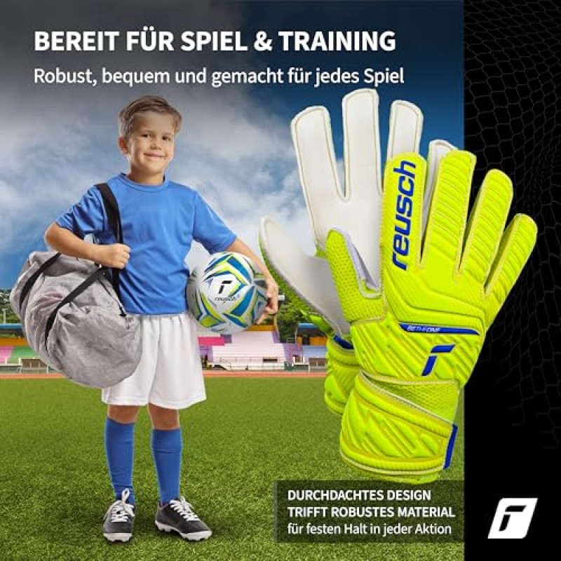 Reusch Attrakt Junior-Guanti da Portiere Unisex con Cuciture Esterne E Rivestimento Solido, Adatti per Tutte Le Superfici del Campo da Gioco, Calcio per Bambini Ragazzo - 5 giallo-blu