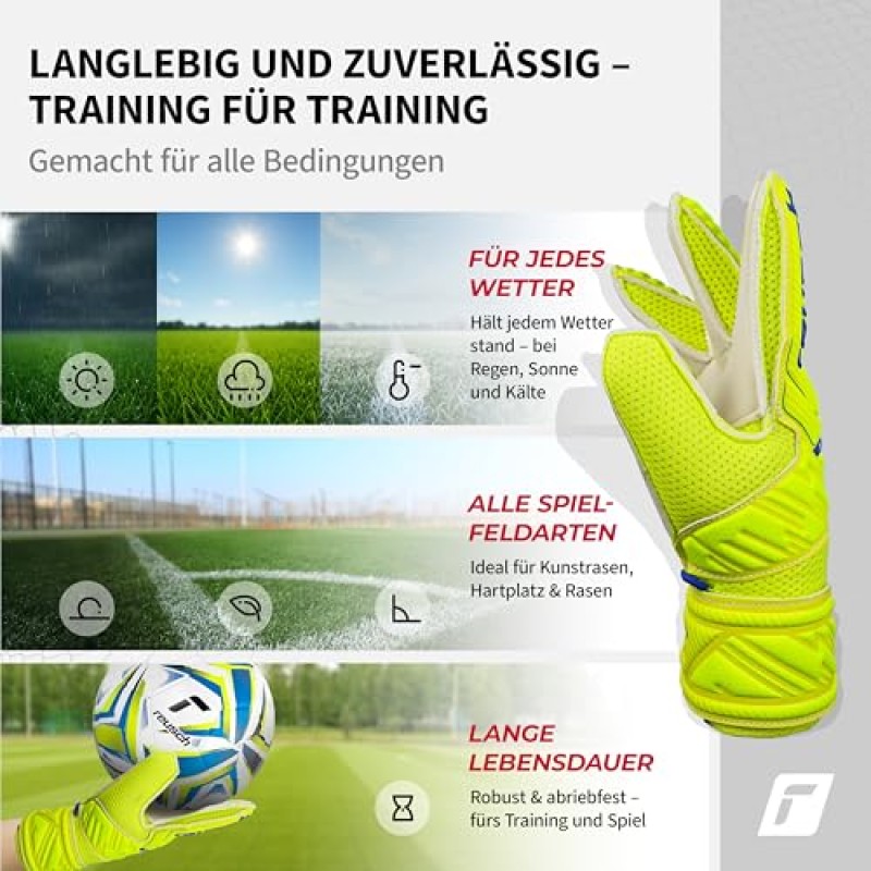 Reusch Attrakt Junior-Guanti da Portiere Unisex con Cuciture Esterne E Rivestimento Solido, Adatti per Tutte Le Superfici del Campo da Gioco, Calcio per Bambini Ragazzo - 5 giallo-blu