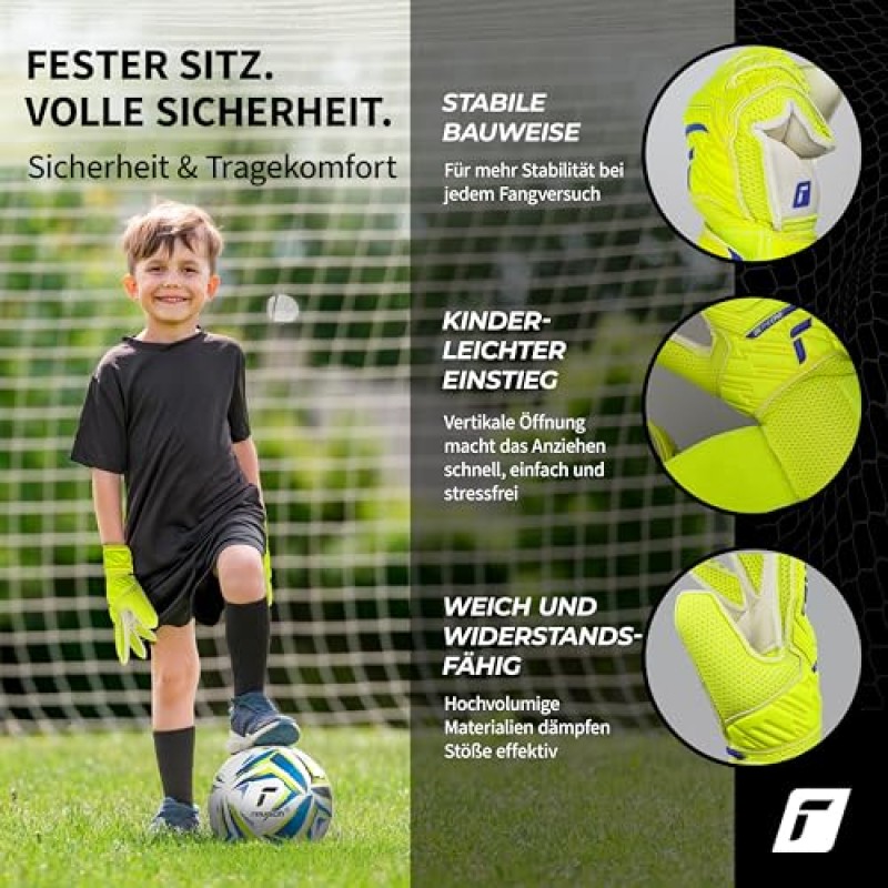 Reusch Attrakt Junior-Guanti da Portiere Unisex con Cuciture Esterne E Rivestimento Solido, Adatti per Tutte Le Superfici del Campo da Gioco, Calcio per Bambini Ragazzo - 5 giallo-blu