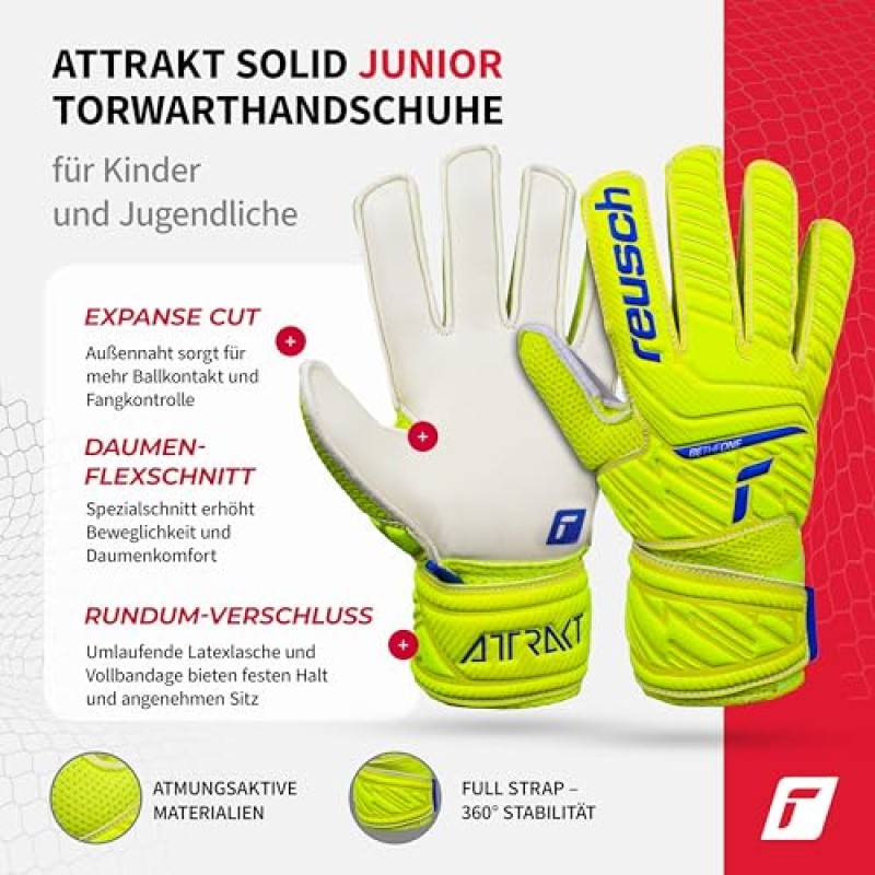Reusch Attrakt Junior-Guanti da Portiere Unisex con Cuciture Esterne E Rivestimento Solido, Adatti per Tutte Le Superfici del Campo da Gioco, Calcio per Bambini Ragazzo - 5 giallo-blu