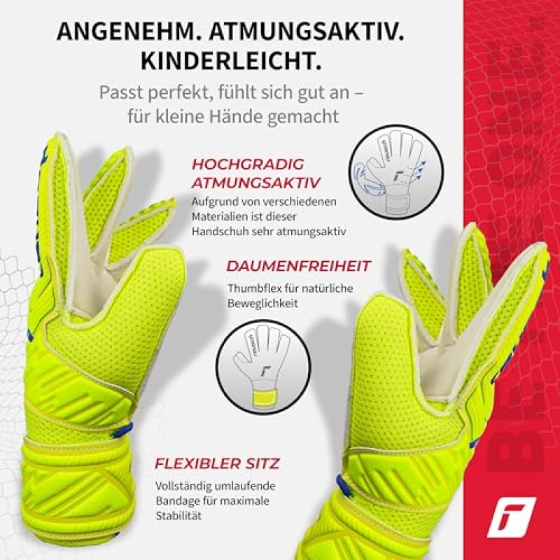 Reusch Attrakt Junior-Guanti da Portiere Unisex con Cuciture Esterne E Rivestimento Solido, Adatti per Tutte Le Superfici del Campo da Gioco, Calcio per Bambini Ragazzo - 5 giallo-blu