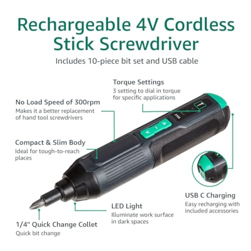 Amazon Basics by SKIL avvitatore elettrico da 3,6V (4V max), include set da 10 punte e cavo USB, nero