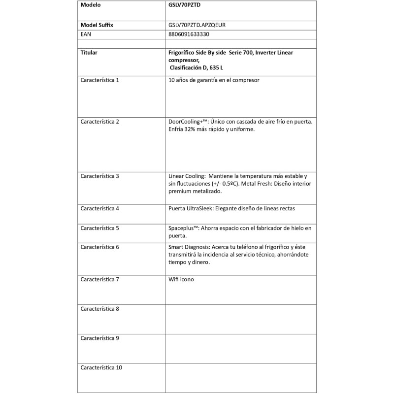 LG GSLV70PZTD Frigorifero Americano Side-by-Side, Total No Frost, 635L, Classe D, Wi-Fi, Frigorifero con Dispenser Acqua e Ghiaccio con Allaccio, Door & Linear Cooling, Platinum Silver - 635 L Grey