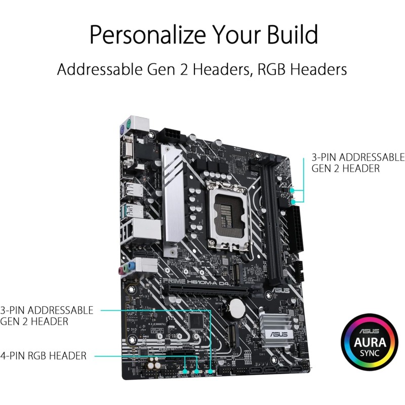 ASUS PRIME H610M-A D4-CSM Scheda Madre mATX, Intel H610, LGA1700, DDR4, PCI 4.0, Intel 1Gb Ethernet, Realtek 7.1 Surround, 2xM.2, 4xSATA 6GB/s, USB 3.2 Gen 2, Armoury Crate, Nero ASUS PRIME H610M-A D4-CSM Scheda Madre mATX, Intel H610, LGA1700, DDR4, PCI 4.0, Intel 1Gb Ethernet, Realtek 7.1 Surround, 2xM.2, 4xSATA 6GB/s, USB 3.2 Gen 2, Armoury Crate, Nero