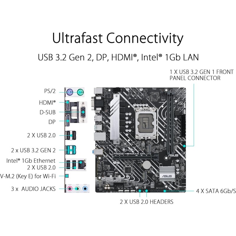 ASUS PRIME H610M-A D4-CSM Scheda Madre mATX, Intel H610, LGA1700, DDR4, PCI 4.0, Intel 1Gb Ethernet, Realtek 7.1 Surround, 2xM.2, 4xSATA 6GB/s, USB 3.2 Gen 2, Armoury Crate, Nero ASUS PRIME H610M-A D4-CSM Scheda Madre mATX, Intel H610, LGA1700, DDR4, PCI 4.0, Intel 1Gb Ethernet, Realtek 7.1 Surround, 2xM.2, 4xSATA 6GB/s, USB 3.2 Gen 2, Armoury Crate, Nero