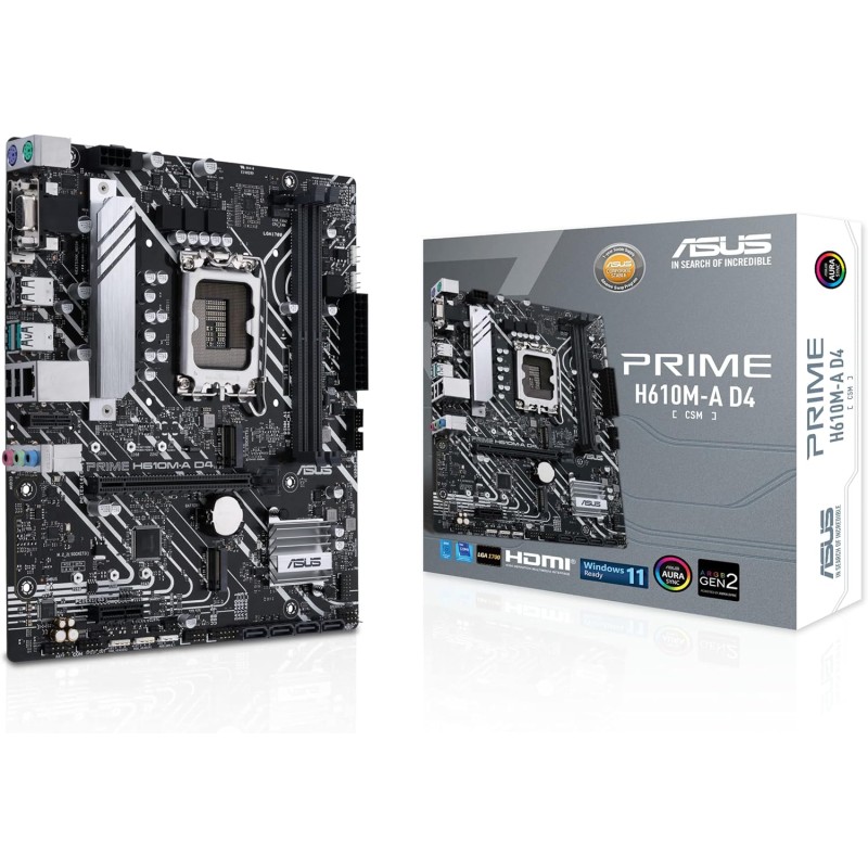 ASUS PRIME H610M-A D4-CSM Scheda Madre mATX, Intel H610, LGA1700, DDR4, PCI 4.0, Intel 1Gb Ethernet, Realtek 7.1 Surround, 2xM.2, 4xSATA 6GB/s, USB 3.2 Gen 2, Armoury Crate, Nero ASUS PRIME H610M-A D4-CSM Scheda Madre mATX, Intel H610, LGA1700, DDR4, PCI 4.0, Intel 1Gb Ethernet, Realtek 7.1 Surround, 2xM.2, 4xSATA 6GB/s, USB 3.2 Gen 2, Armoury Crate, Nero