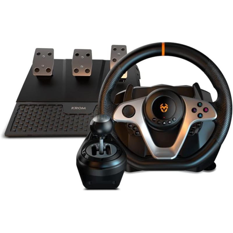 Krom K-WHEEL PRO - NXKROMKWHLPRO - Set volante, pedali e leva del cambio, palette al volante, 3 modalità di sensibilità, PC, PS3, PS4, XBOX ONE e SWITCH, nero