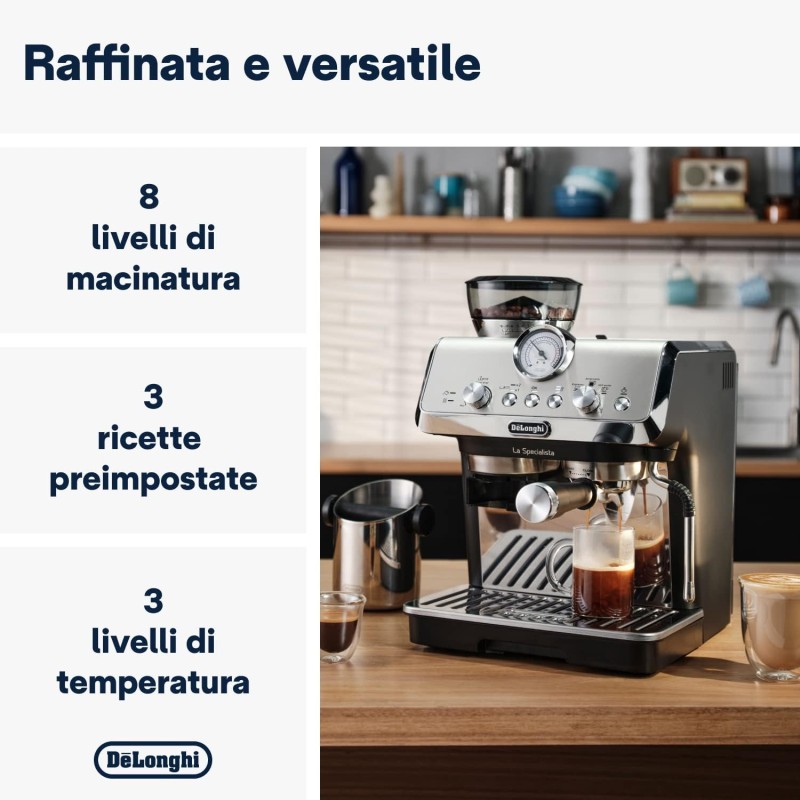 De'Longhi LA SPECIALISTA ARTE EC9155.MB Macchina da caffè Manuale, 3 Ricette Preimpostate, Controllo Attivo della Temperatura, 8 Livelli di Macinazione, Lancia MyLatte Art, incluso KIT BARISTA, Nera - Argento Nero De'Longhi LA SPECIALISTA ARTE EC9155.MB Macchina da caffè Manuale, 3 Ricette Preimpostate, Controllo Attivo della Temperatura, 8 Livelli di Macinazione, Lancia MyLatte Art, incluso KIT BARISTA, Nera - Argento Nero
