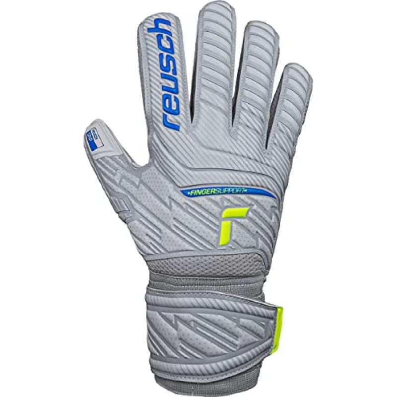 Reusch Attrakt Grip Finger Support Guanti da portiere per adulti con protezione delle dita per tutte le superfici dei campi da gioco - 9 grigio-blu-giallo