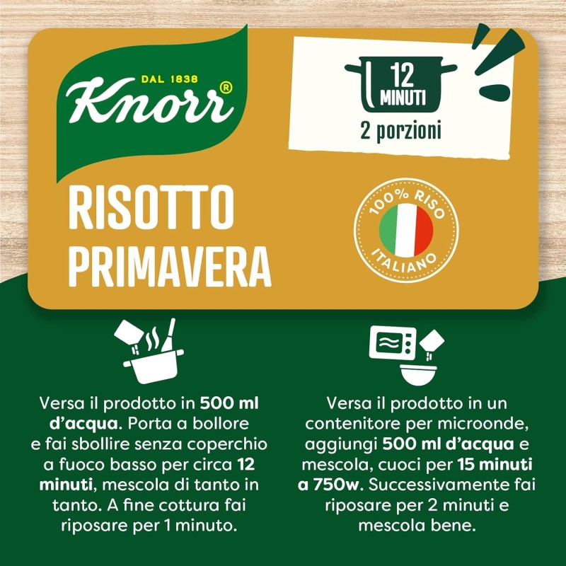 Knorr Risotto Primavera, Risotto Pronto con Ingredienti Naturali, 100% Riso Italiano e Chicci al Dente, Preparazione in Pentola o al Microonde, 175g, 2 Porzioni - 175 g (Confezione da 1) Knorr Risotto Primavera, Risotto Pronto con Ingredienti Naturali, 100% Riso Italiano e Chicci al Dente, Preparazione in Pentola o al Microonde, 175g, 2 Porzioni - 175 g (Confezione da 1)