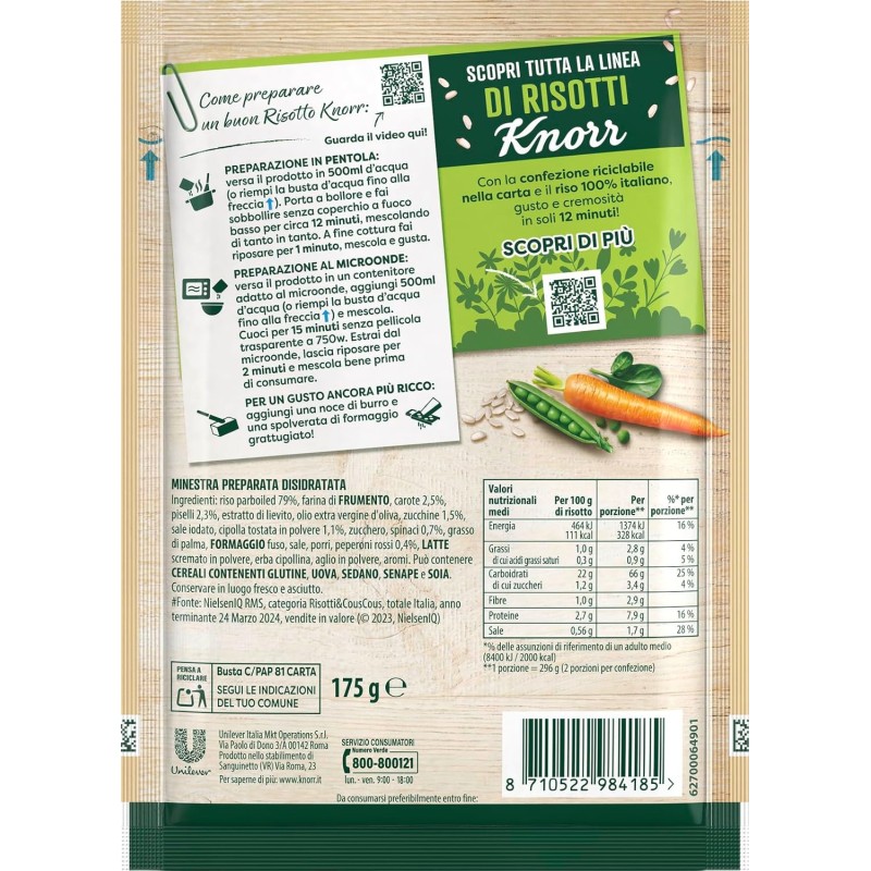 Knorr Risotto Primavera, Risotto Pronto con Ingredienti Naturali, 100% Riso Italiano e Chicci al Dente, Preparazione in Pentola o al Microonde, 175g, 2 Porzioni - 175 g (Confezione da 1) Knorr Risotto Primavera, Risotto Pronto con Ingredienti Naturali, 100% Riso Italiano e Chicci al Dente, Preparazione in Pentola o al Microonde, 175g, 2 Porzioni - 175 g (Confezione da 1)