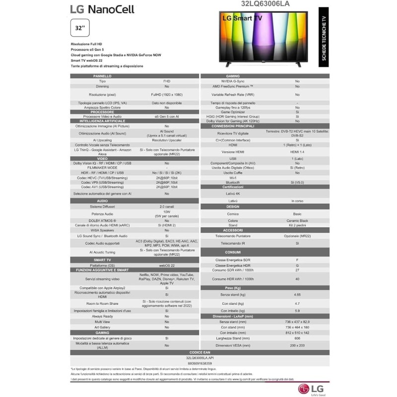 LG 32LQ63006LA Smart TV 32" Full HD, TV LED 2022 con Processore α5 Gen 5 con AI, webOS 22, HDR, Wi-Fi, Bluetooth, Game Optimizer, Google Stadia e GeForce NOW, Compatibile con Google Home e Alexa LG 32LQ63006LA Smart TV 32" Full HD, TV LED 2022 con Processore α5 Gen 5 con AI, webOS 22, HDR, Wi-Fi, Bluetooth, Game Optimizer, Google Stadia e GeForce NOW, Compatibile con Google Home e Alexa