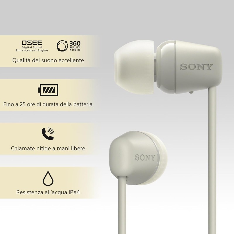 SONY WI-C100 - Cuffie Wireless Bluetooth, Fino a 25 Ore di Autonomia, Microfono Integrato per Telefonate, Compatibile con Assistente Vocale (Crema) - Crema
