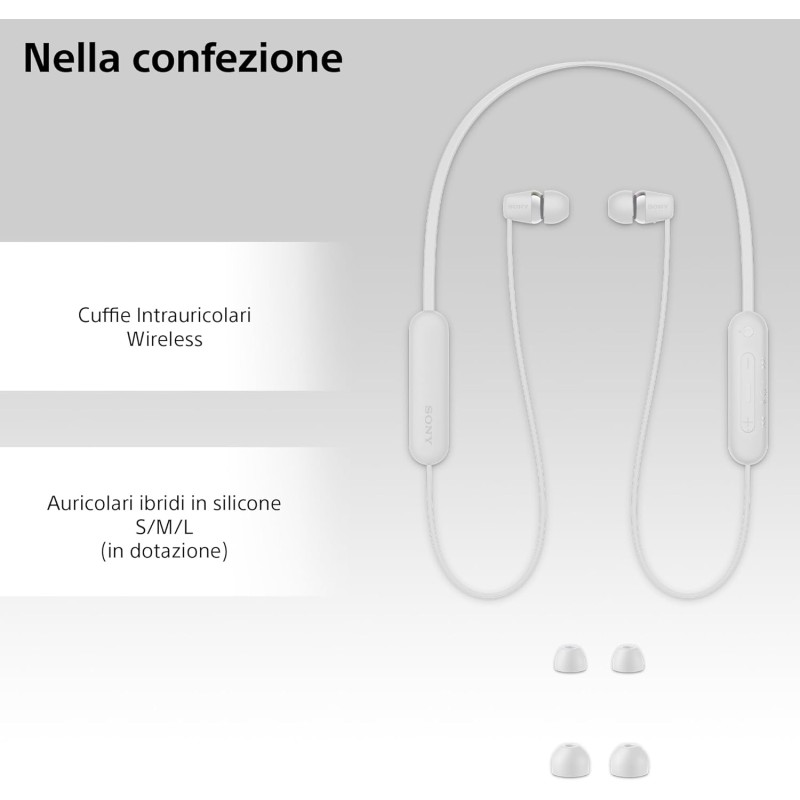 Sony WI-C100 - Cuffie wireless bluetooth, Fino a 25 ore di autonomia, Microfono integrato per telefonate, Compatibile con assistente vocale (Bianco), Unica - Bianco
