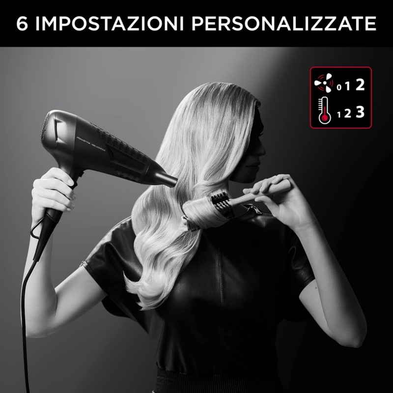 Rowenta CV581LF0 Studio Dry, Asciugacapelli con Tecnologia Effiwatts, Phon per Capelli Potenza 2100W, Impostazione Thermo Control, 1 Concentratore 12mm, 6 Combinazioni di Velocità/Temperatura