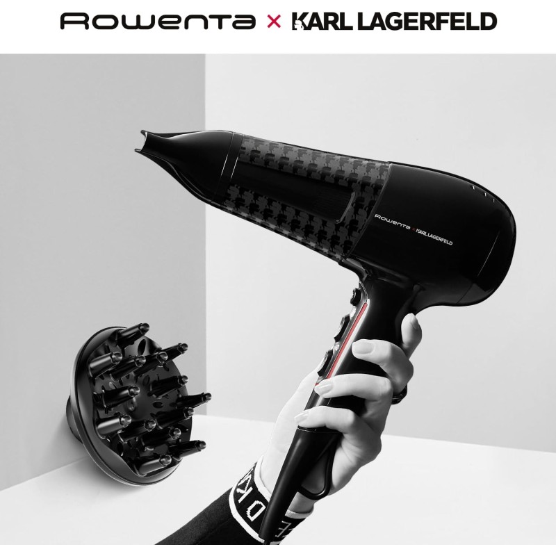 Rowenta x Karl Lagerfeld CV591L Powerline Asciugacapelli, 2300 W, Boost di Ioni, Impostazione Thermo Control per Proteggere i Capelli, 6 Impostazioni di Velocità/Temperatura