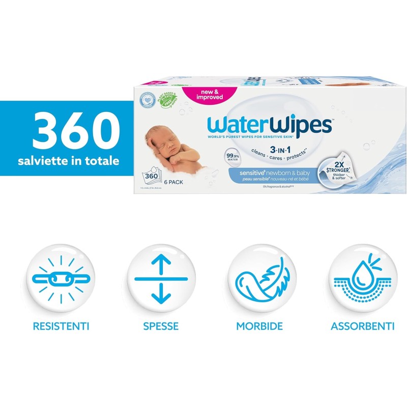 WaterWipes Sensitive+ Newborn & Baby Wipes, 360 Pezzi (6 Confezioni), Deterge, Cura, Protegge, 99,9% Acqua, Senza Profumo - 6 unità (Confezione da 1) WaterWipes Sensitive+ Newborn & Baby Wipes, 360 Pezzi (6 Confezioni), Deterge, Cura, Protegge, 99,9% Acqua, Senza Profumo - 6 unità (Confezione da 1)