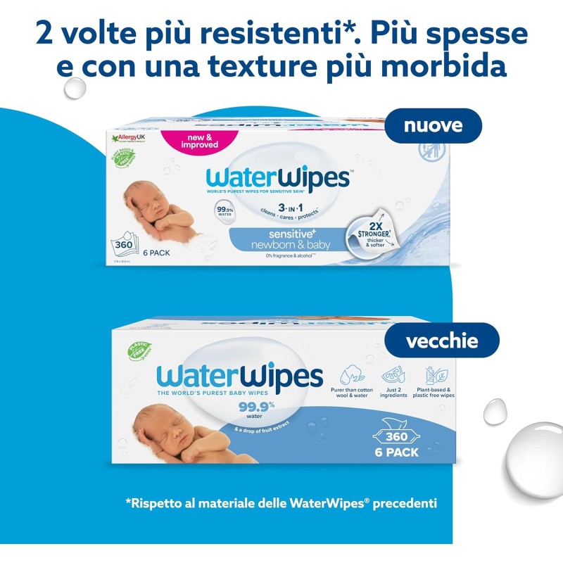 WaterWipes Sensitive+ Newborn & Baby Wipes, 360 Pezzi (6 Confezioni), Deterge, Cura, Protegge, 99,9% Acqua, Senza Profumo - 6 unità (Confezione da 1) WaterWipes Sensitive+ Newborn & Baby Wipes, 360 Pezzi (6 Confezioni), Deterge, Cura, Protegge, 99,9% Acqua, Senza Profumo - 6 unità (Confezione da 1)