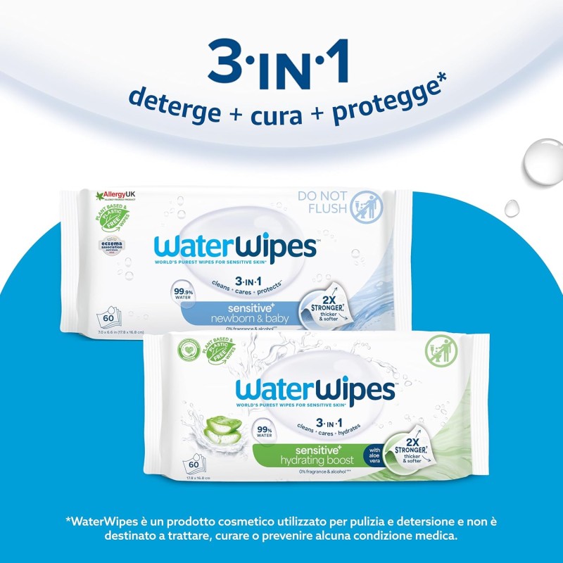 WaterWipes Sensitive+ Newborn & Baby Wipes, 360 Pezzi (6 Confezioni), Deterge, Cura, Protegge, 99,9% Acqua, Senza Profumo - 6 unità (Confezione da 1) WaterWipes Sensitive+ Newborn & Baby Wipes, 360 Pezzi (6 Confezioni), Deterge, Cura, Protegge, 99,9% Acqua, Senza Profumo - 6 unità (Confezione da 1)