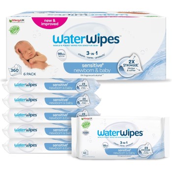 WaterWipes Sensitive+ Newborn & Baby Wipes, 360 Pezzi (6 Confezioni), Deterge, Cura, Protegge, 99,9% Acqua, Senza Profumo - 6 unità (Confezione da 1)