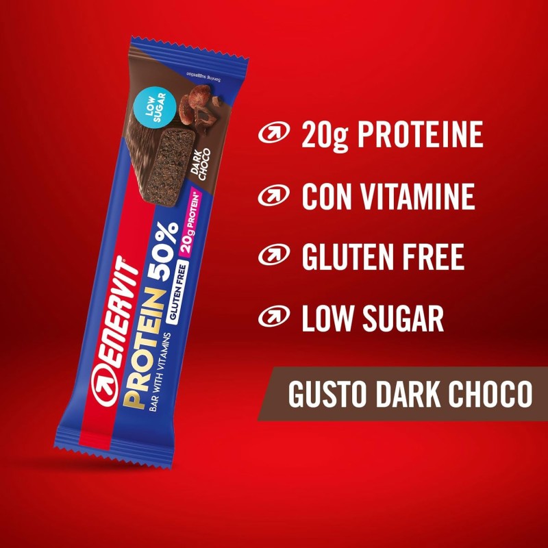Enervit, Protein Bar 50% Dark Choco, Barrette Proteiche, 20g di Proteine, Low Sugar, con Vitamina D e B6, Gusto Cioccolato Fondente, Per il Recupero Dopo lo Sport, Senza Glutine, 12 Barrette da 40g