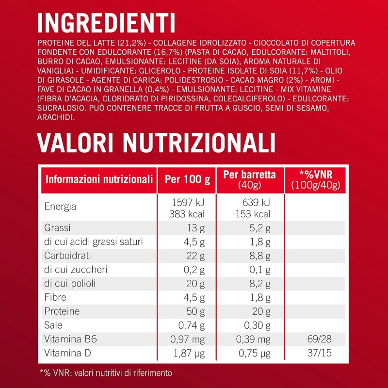 Enervit, Protein Bar 50% Dark Choco, Barrette Proteiche, 20g di Proteine, Low Sugar, con Vitamina D e B6, Gusto Cioccolato Fondente, Per il Recupero Dopo lo Sport, Senza Glutine, 12 Barrette da 40g