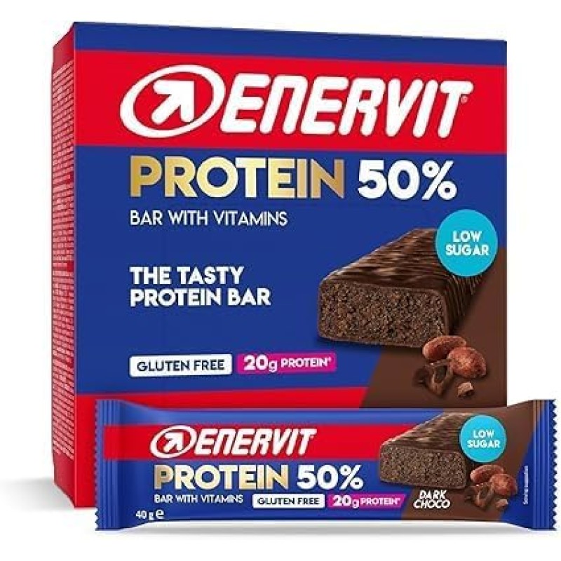 Enervit, Protein Bar 50% Dark Choco, Barrette Proteiche, 20g di Proteine, Low Sugar, con Vitamina D e B6, Gusto Cioccolato Fondente, Per il Recupero Dopo lo Sport, Senza Glutine, 12 Barrette da 40g
