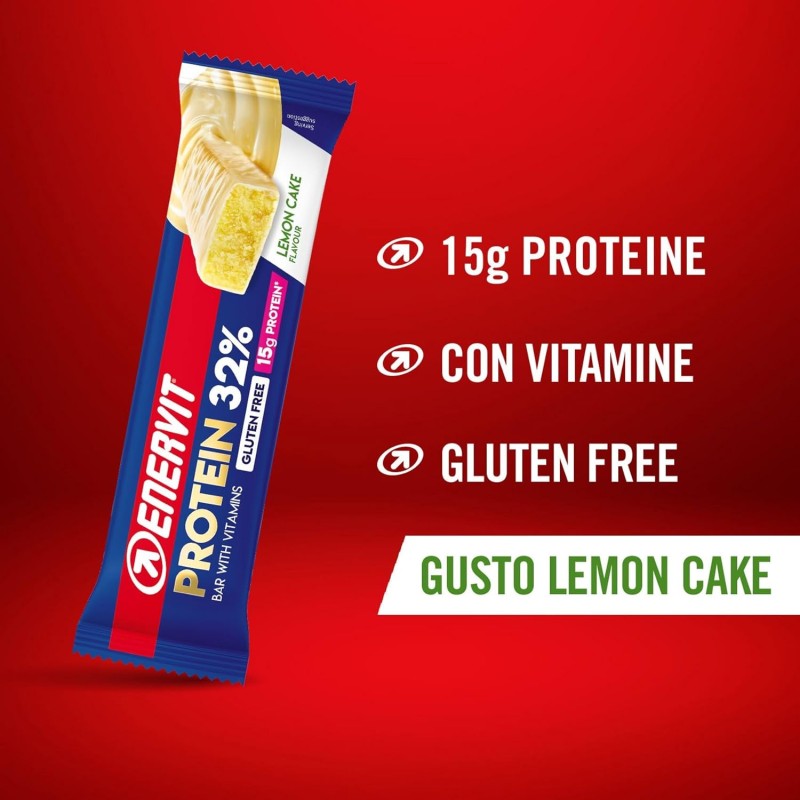 Enervit, Protein Bar 32% Lemon Cake, Barrette Proteiche, 15g di Proteine, con Vitamina D e B6, Gusto Lemon Cake, Per il Recupero dopo lo Sport, Senza Glutine, 12 Barrette da 48g