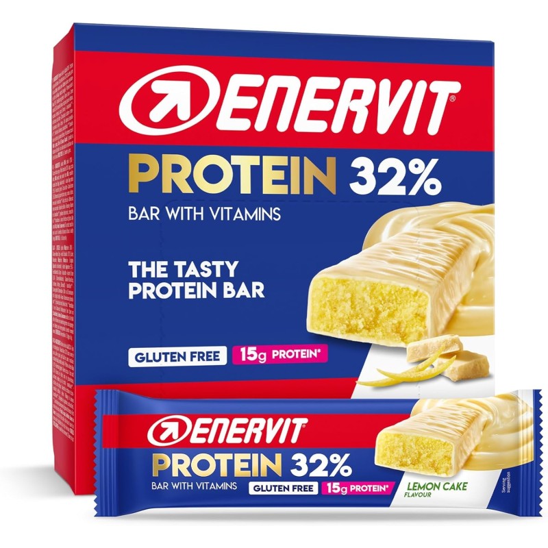 Enervit, Protein Bar 32% Lemon Cake, Barrette Proteiche, 15g di Proteine, con Vitamina D e B6, Gusto Lemon Cake, Per il Recupero dopo lo Sport, Senza Glutine, 12 Barrette da 48g