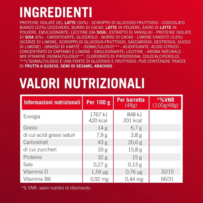 Enervit, Protein Bar 32% Lemon Cake, Barrette Proteiche, 15g di Proteine, con Vitamina D e B6, Gusto Lemon Cake, Per il Recupero dopo lo Sport, Senza Glutine, 12 Barrette da 48g