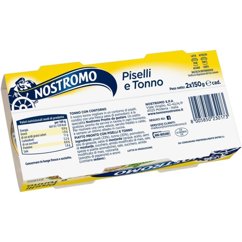 Nostromo Tonno con Piselli 150g – 2 Lattine Piatto Completo Pronto da Gustare, Apertura Facile – Pasto Veloce Ricco di Proteine, Senza Conservanti