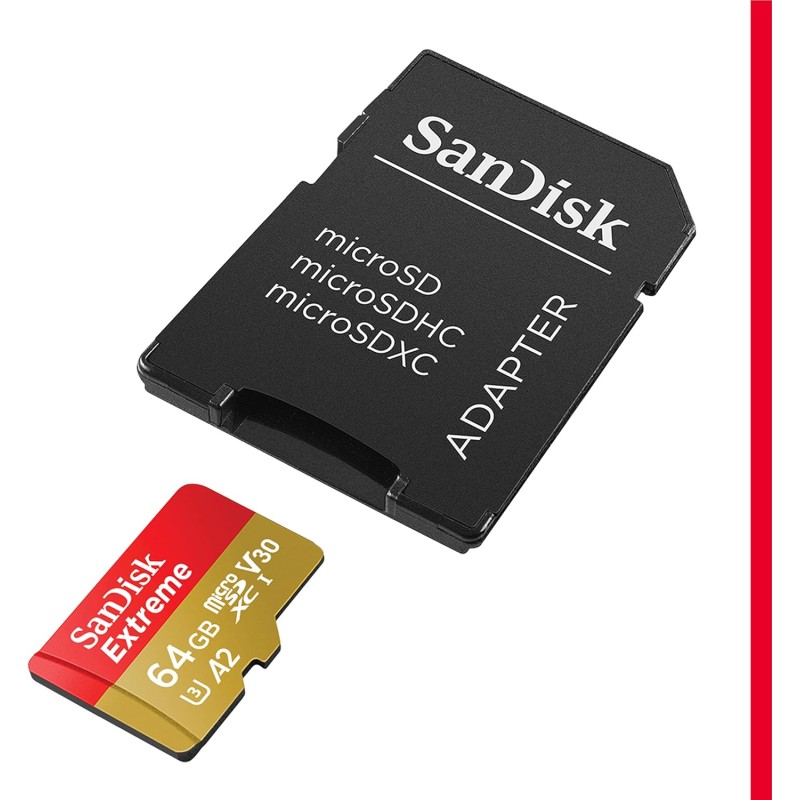SanDisk Extreme 64 GB scheda microSDXC e adattatore SD e RescuePRO Deluxe, fino a 170 MB/s, con prestazioni app A2, UHS-I, classe 10, U3, V30 - 64GB SanDisk Extreme 64 GB scheda microSDXC e adattatore SD e RescuePRO Deluxe, fino a 170 MB/s, con prestazioni app A2, UHS-I, classe 10, U3, V30 - 64GB