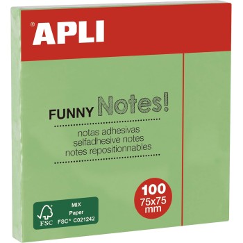 APLI 19084 - Note adesive FUNNY 75 x 75 mm - Blocco da 100 fogli verde pastello - Verde