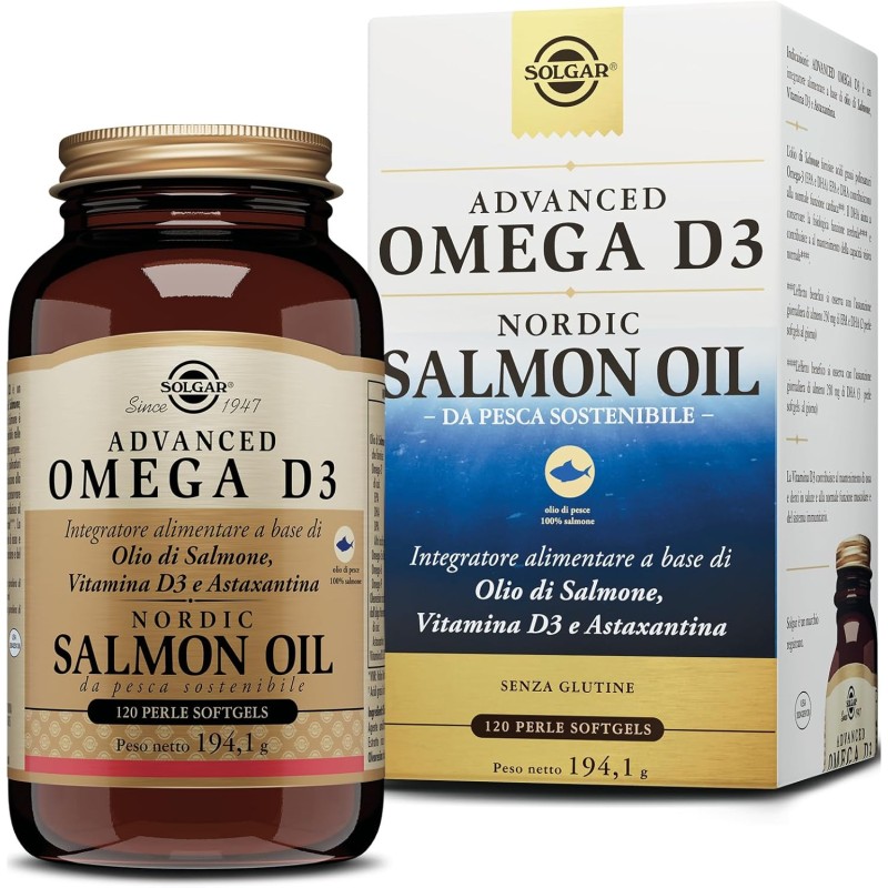 Solgar Advanced Omega D3, 120 perle softgels - Integratore alimentare con olio di salmone nordico, EPA, DHA e Vitamina D3 Solgar Advanced Omega D3, 120 perle softgels - Integratore alimentare con olio di salmone nordico, EPA, DHA e Vitamina D3