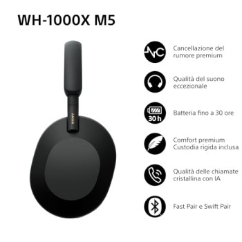Sony WH-1000XM5 Custodia Rigida | Cuffie Wireless Premium con Cancellazione del Rumore, Bluetooth, Chiamate Chiare,Hi-Res Audio, Fino a 30 Ore di Autonomia, Compatibili con iOS e Android – Black - Nero