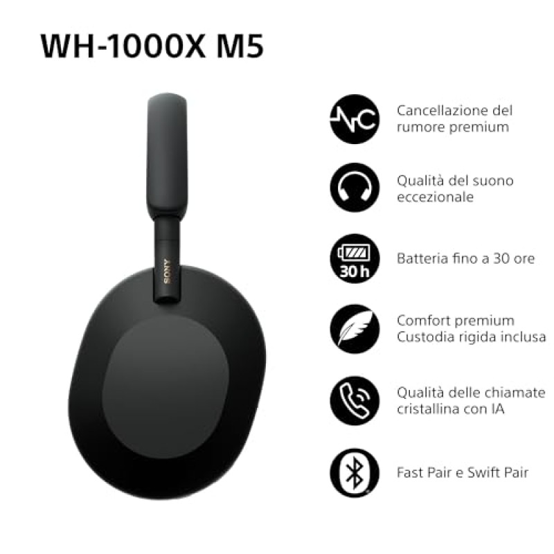 Sony WH-1000XM5 Custodia Rigida | Cuffie Wireless Premium con Cancellazione del Rumore, Bluetooth, Chiamate Chiare,Hi-Res Audio, Fino a 30 Ore di Autonomia, Compatibili con iOS e Android – Black - Nero Sony WH-1000XM5 Custodia Rigida | Cuffie Wireless Premium con Cancellazione del Rumore, Bluetooth, Chiamate Chiare,Hi-Res Audio, Fino a 30 Ore di Autonomia, Compatibili con iOS e Android – Black - Nero