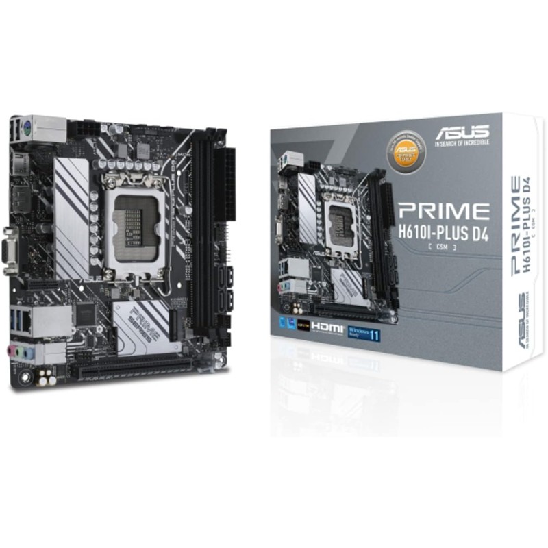 ASUS PRIME H610I-PLUS D4-CSM, Scheda Madre Intel Mini-ITX DDR4 3200, PCIe 4.0, Slot M.2, SATA 6 Gbps, Ethernet Realtek 1Gb, DisplayPort, HDMI, D-Sub, USB 3.2 Gen 1, Control Center Express