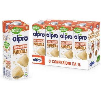 ALPRO SENZA ZUCCHERI, Bevanda alla MANDORLA, 100% vegetale con vitamine B2, B12, D2, E (8 confezioni x 1 Litro) - 1 l (Confezione da 8)