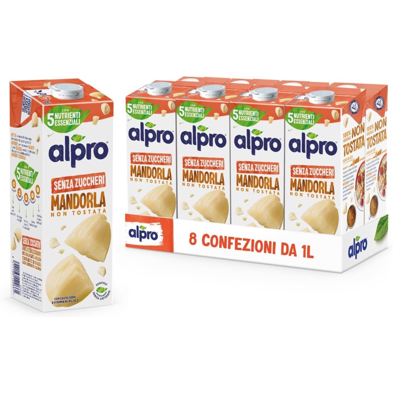 ALPRO SENZA ZUCCHERI, Bevanda alla MANDORLA, 100% vegetale con vitamine B2, B12, D2, E (8 confezioni x 1 Litro) - 1 l (Confezione da 8) ALPRO SENZA ZUCCHERI, Bevanda alla MANDORLA, 100% vegetale con vitamine B2, B12, D2, E (8 confezioni x 1 Litro) - 1 l (Confezione da 8)