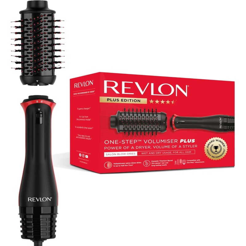 Revlon One-Step Volumiser Plus (spazzola ovale staccabile, rivestimento in ceramica di titanio, setole miste con punte a sfera al carbone attivo, tecnologia ionica alla tormalina)