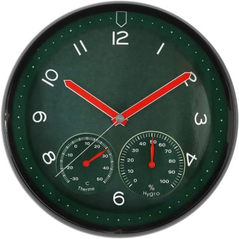 MPM Quality Orologio da parete in plastica, verde, motore a passo al quarzo, igrometro, termometro, indicatore di temperatura e umidità, quadrante originale, E01.3084.40, ∅ 314 x 45 mm - ∅ 314 x 45 mm Verde