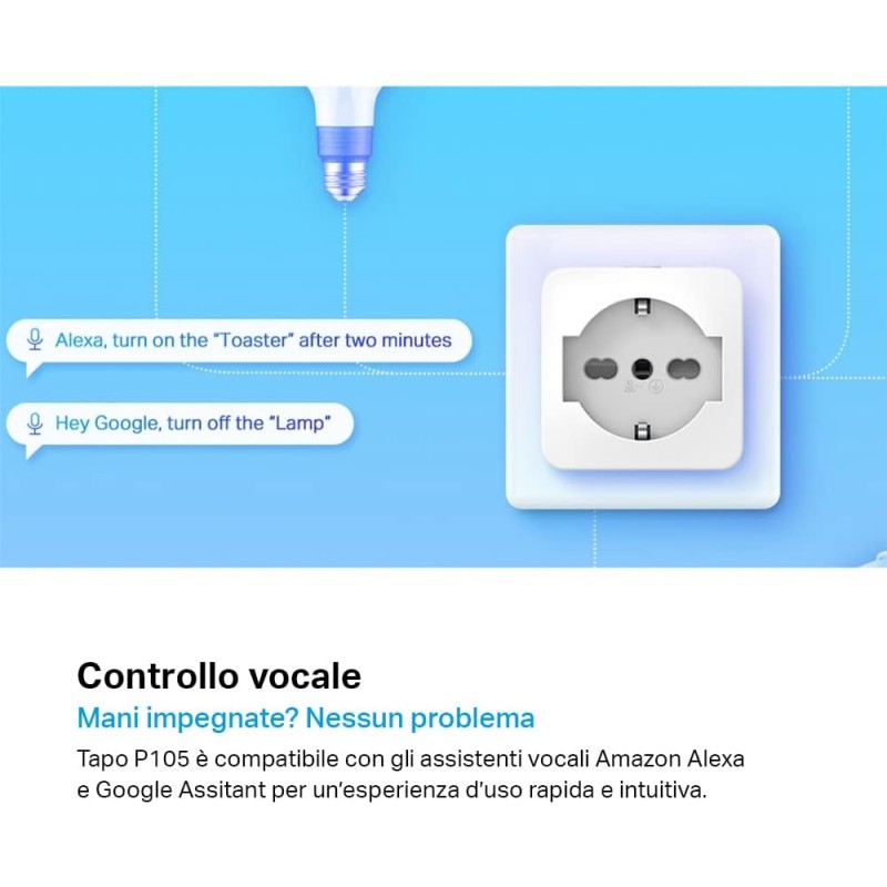 Tapo P105 - Presa Smart Italiana, WiFi Intelligente Smart Plug, Controllo Vocale, Compatibile con Alexa e Google Home, Controllo Remoto Tramite APP Tapo, Tempo di Preselezione