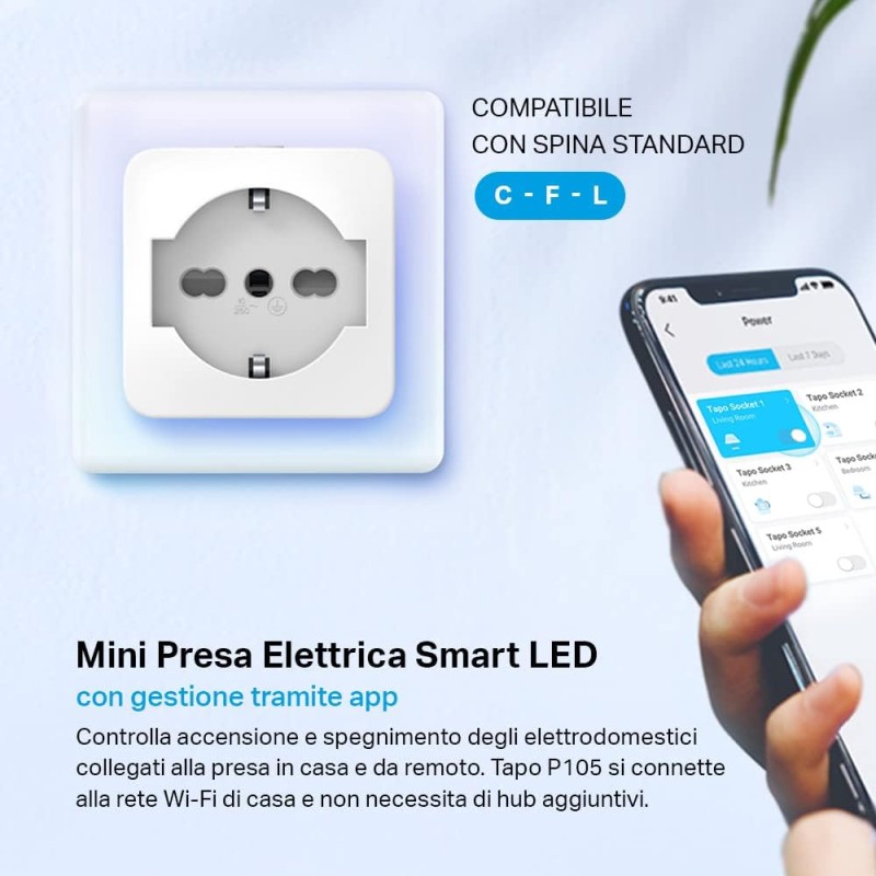 Tapo P105 - Presa Smart Italiana, WiFi Intelligente Smart Plug, Controllo Vocale, Compatibile con Alexa e Google Home, Controllo Remoto Tramite APP Tapo, Tempo di Preselezione