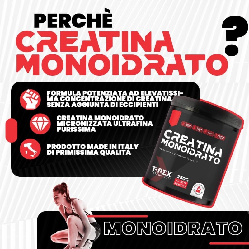 T-Rex Integratori Creatina Monoidrata - Integratore alimentare per massa muscolare e boost energetico pre workout (Polvere, 250 g (Confezione da 1)) - 250 g (Confezione da 1) T-Rex Integratori Creatina Monoidrata - Integratore alimentare per massa muscolare e boost energetico pre workout (Polvere, 250 g (Confezione da 1)) - 250 g (Confezione da 1)