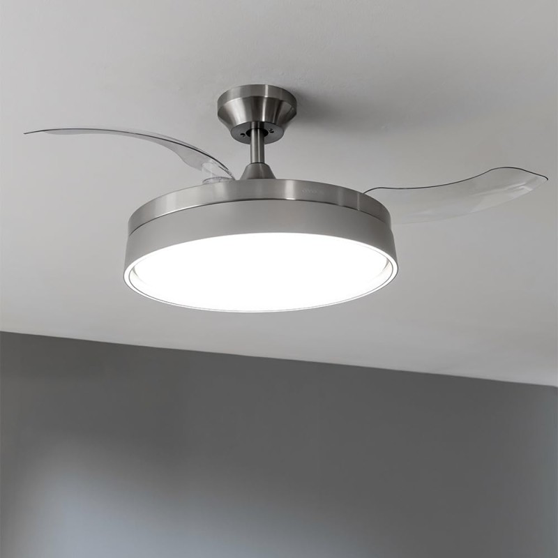 Cecotec Ventilatore da Soffitto con Luce e Pale Retrattilie EnergySilence Aero 4280 Invisible Steel. 40 W, Diametro 42" (106 cm), Timer, 3 Tonalità di Luce, Funzione Estate-Inverno - Acciaio Inox