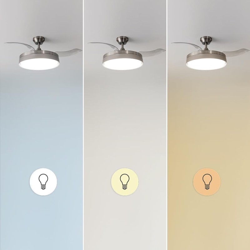 Cecotec Ventilatore da Soffitto con Luce e Pale Retrattilie EnergySilence Aero 4280 Invisible Steel. 40 W, Diametro 42" (106 cm), Timer, 3 Tonalità di Luce, Funzione Estate-Inverno - Acciaio Inox