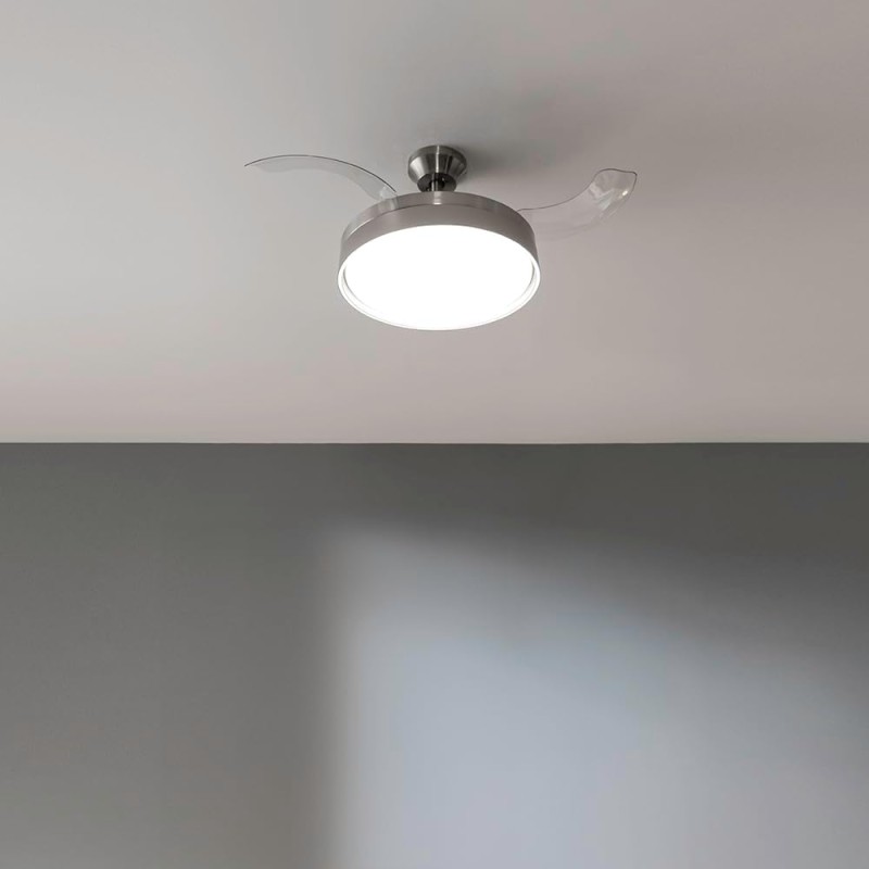 Cecotec Ventilatore da Soffitto con Luce e Pale Retrattilie EnergySilence Aero 4280 Invisible Steel. 40 W, Diametro 42" (106 cm), Timer, 3 Tonalità di Luce, Funzione Estate-Inverno - Acciaio Inox
