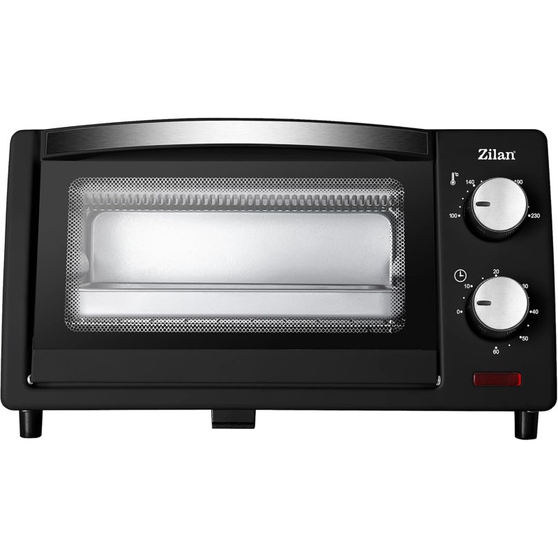 Zilan, Forno Elettrico 9 Litri, Doppio Vetro di Sicurezza, Timer, 2 Pz Resistenza al Quarzo, Vassoio raccoglibriciole, 1 Teglia Quadrata, Griglia Cromata, 800 Watt